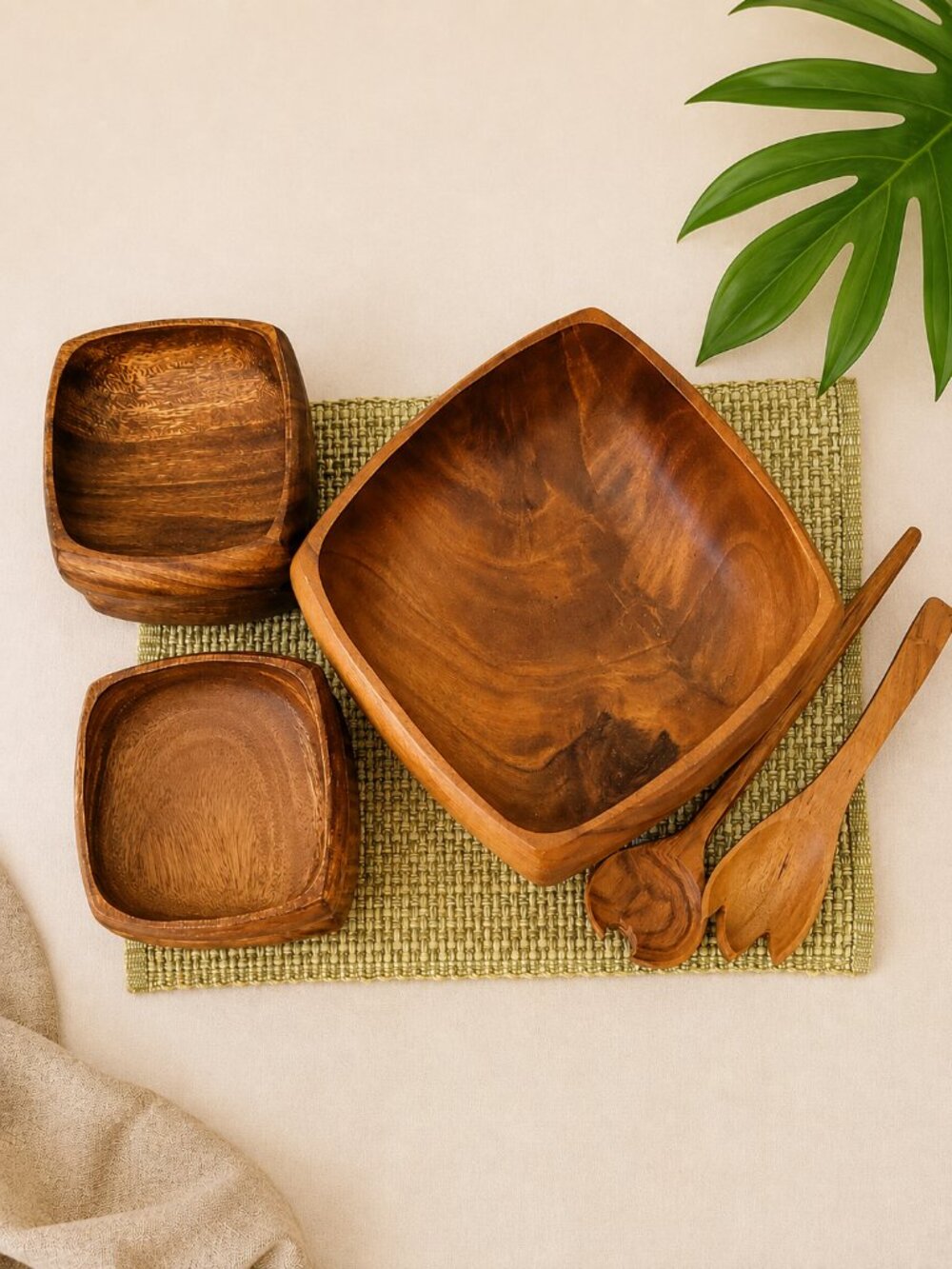 Vintage Monkey Pod Wood Salad Bowl Set Philippines Hand Carved 7 Pc MCM Tiki